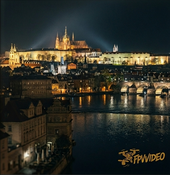 Noční Praha z dronu: Pražský hrad a Karlův most (dji Mavic 3 Cine)  /  www.fpvvideo.cz